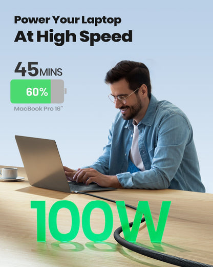 INIU D5CC - 100W USB-C cable fast charging MacBook Pro in 45 mins, with man and 100W text.