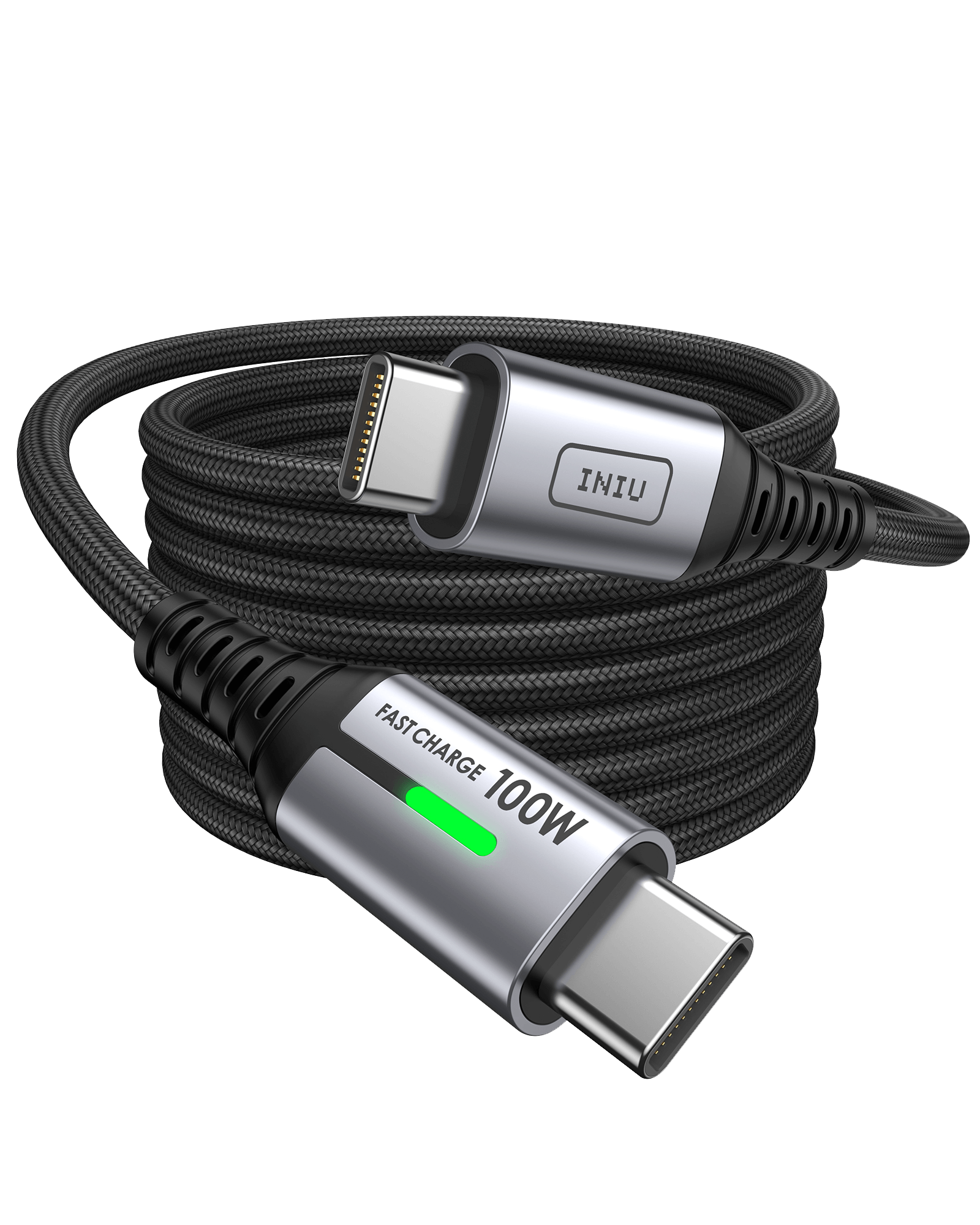 INIU 100W USB C to C Cable: black braided fast charging cable with 100W power, INIU logo, and green LED indicator