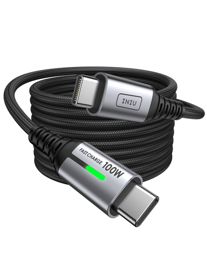 INIU 100W USB C to C Cable: black braided fast charging cable with 100W power, INIU logo, and green LED indicator