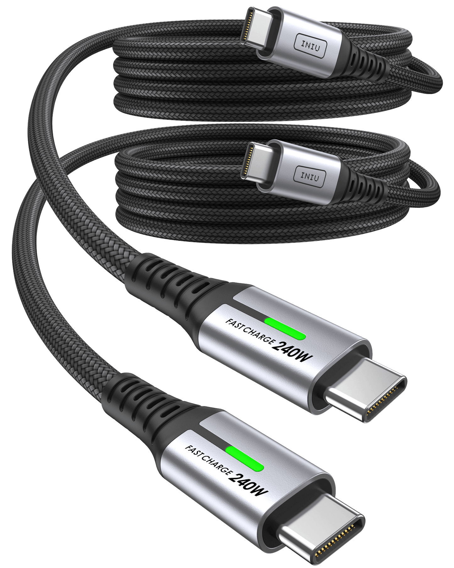 INIU D7CC USB C to C Cable 240W (2m, 2-Pack): Black braided charging cable with USB-C connectors, featuring 240W fast charge