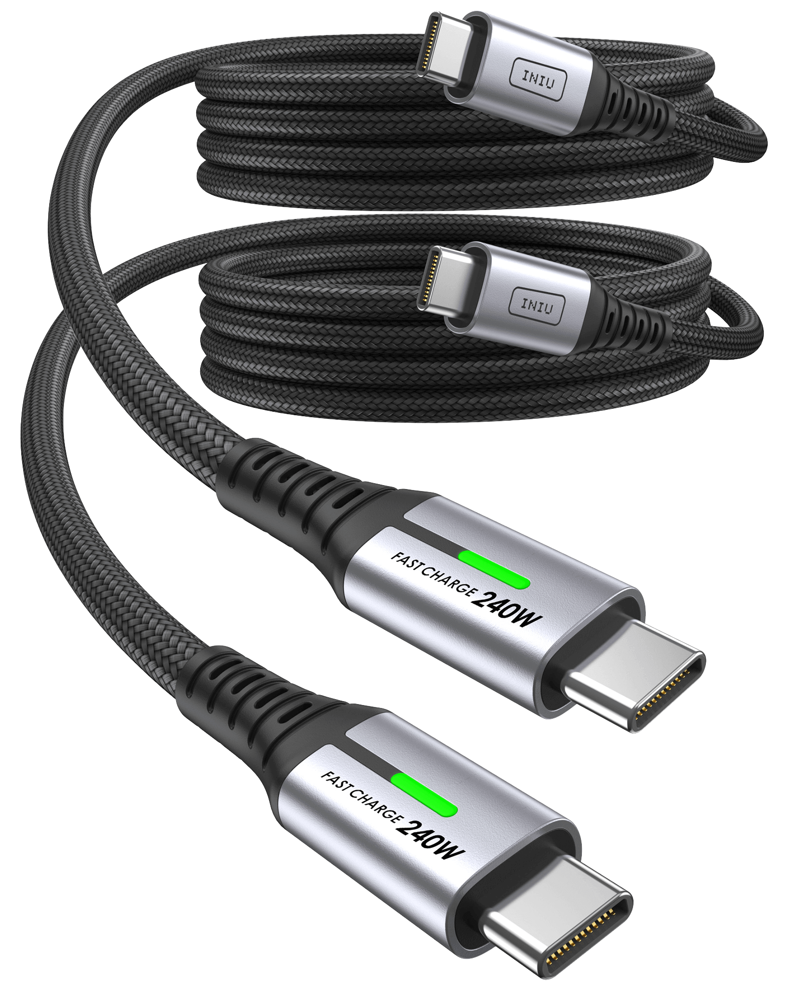 INIU D7CC USB C to C Cable 240W (2m, 2-Pack): Black braided charging cable with USB-C connectors, featuring 240W fast charge