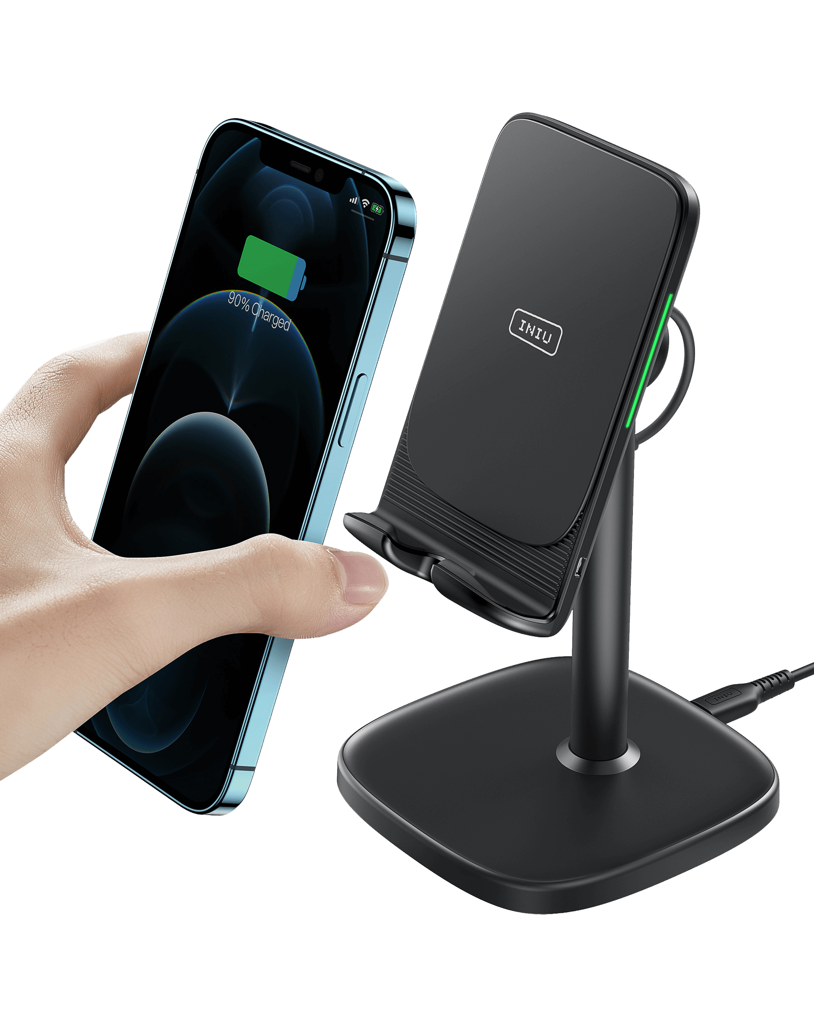 INIU I212 Adjustable Wireless Charger: Black charging stand with phone, displaying 90% charged, fast wireless charging.
