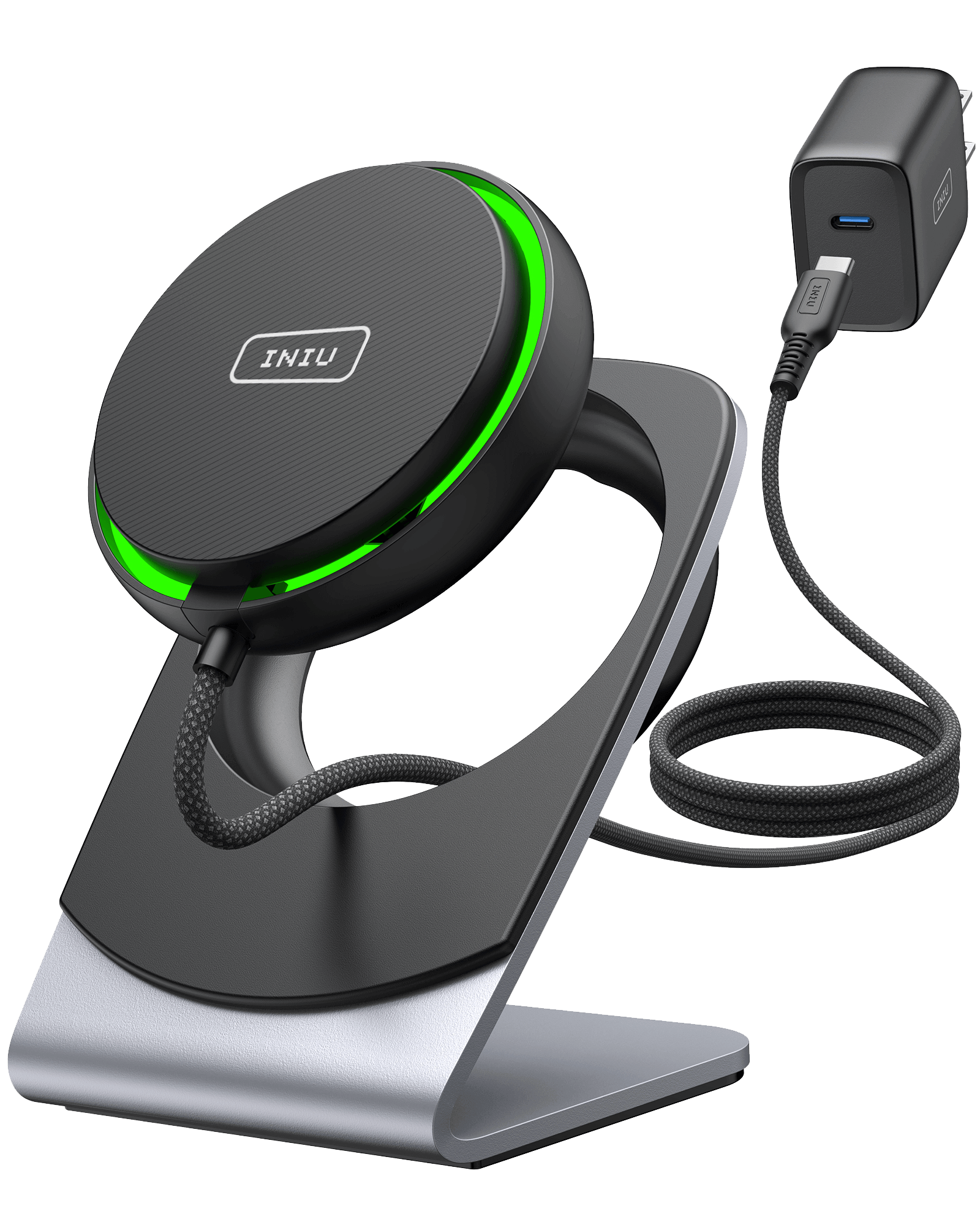 INIU WI213 Wireless Charger. Black and silver wireless charger with green light and USB-C charger.