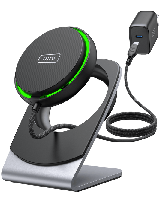 INIU WI213 Wireless Charger. Black and silver wireless charger with green light and USB-C charger.
