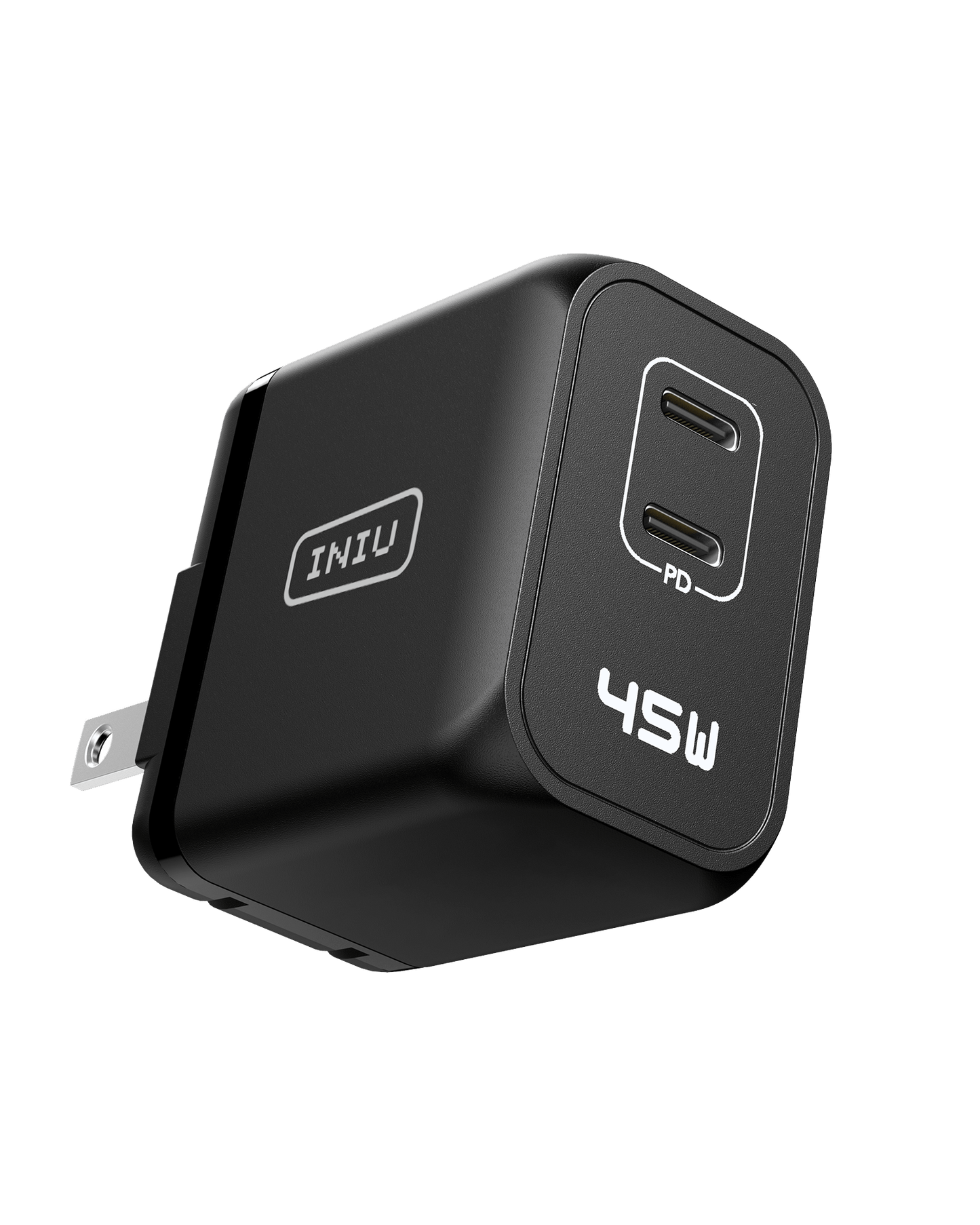 INIU I622 45W USB C Charger, Black compact design with dual USB-C ports for fast charging, PD power adapter.