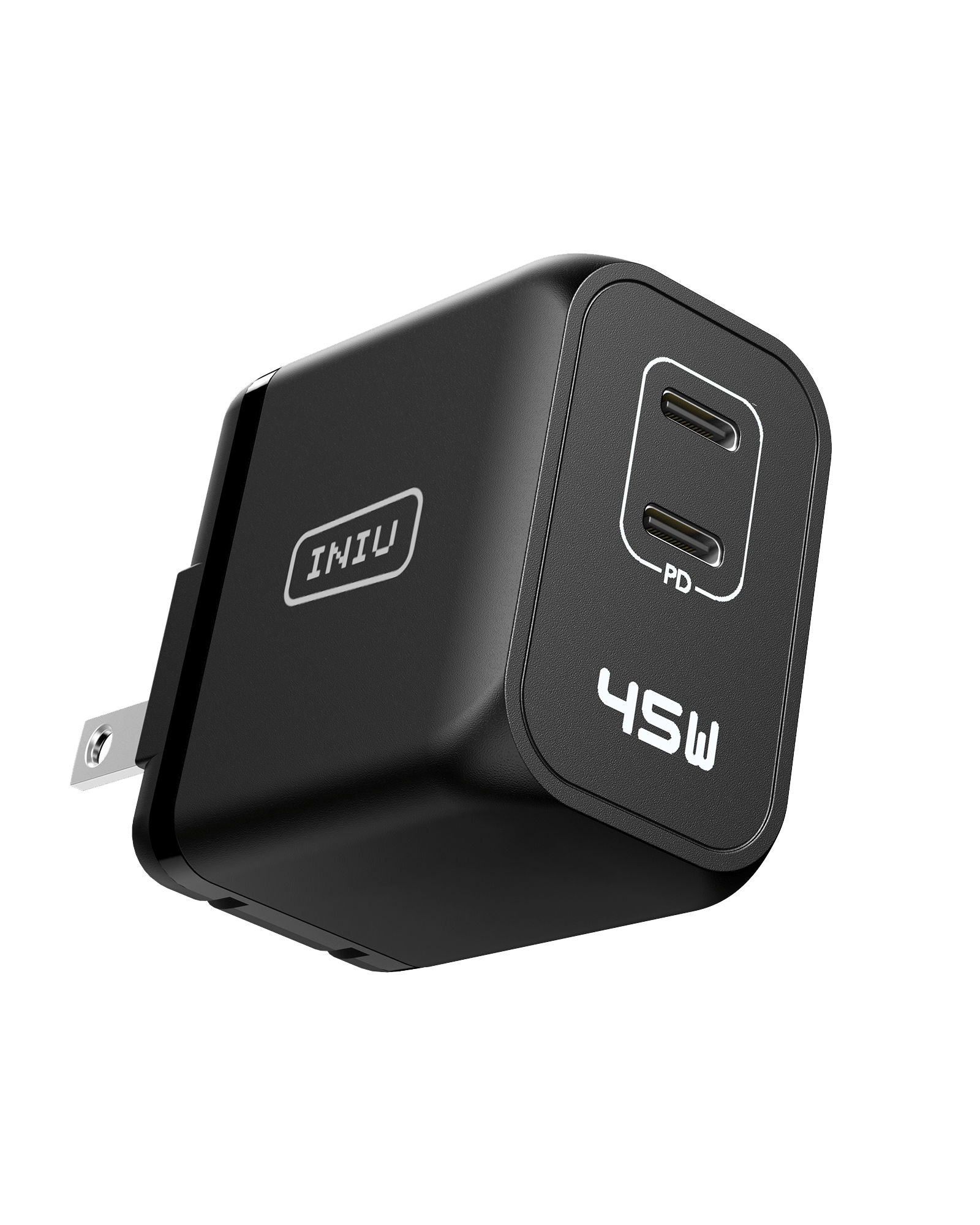 INIU I622 45W USB C Charger, Black compact design with dual USB-C ports for fast charging, PD power adapter.