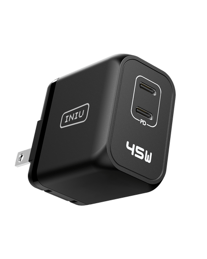 INIU I622 45W USB C Charger, Black compact design with dual USB-C ports for fast charging, PD power adapter.