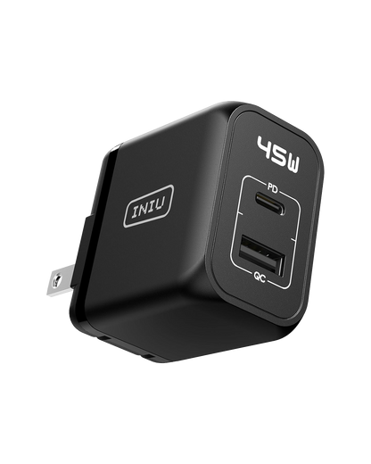 INIU I623 2-Port 45W Super Fast Charger - Black, Featuring 45W, USB-C and USB-A ports for fast charging
