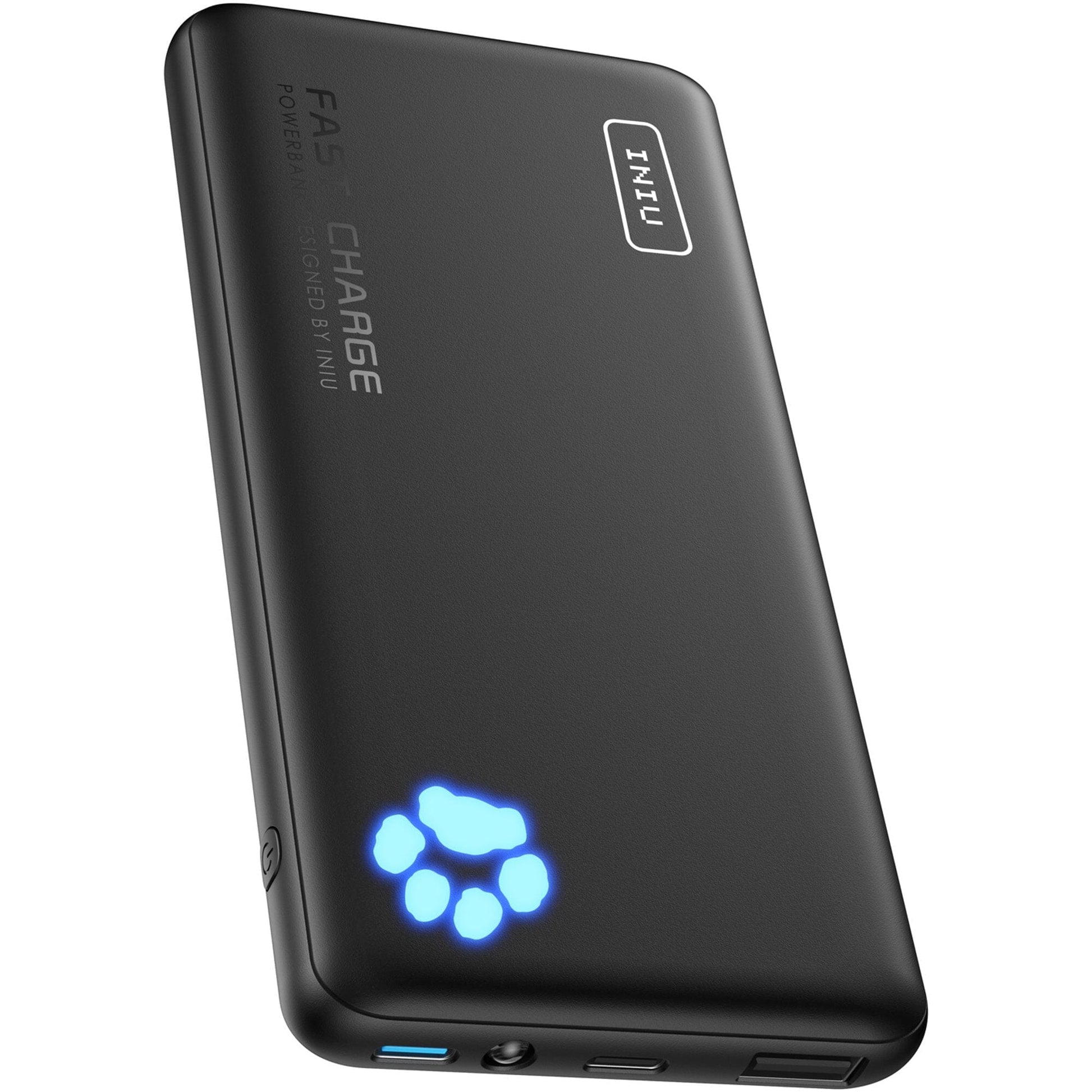 INIU B3 Portable Charger: Black power bank with Fast Charge, featuring a glowing paw print logo and sleek design.