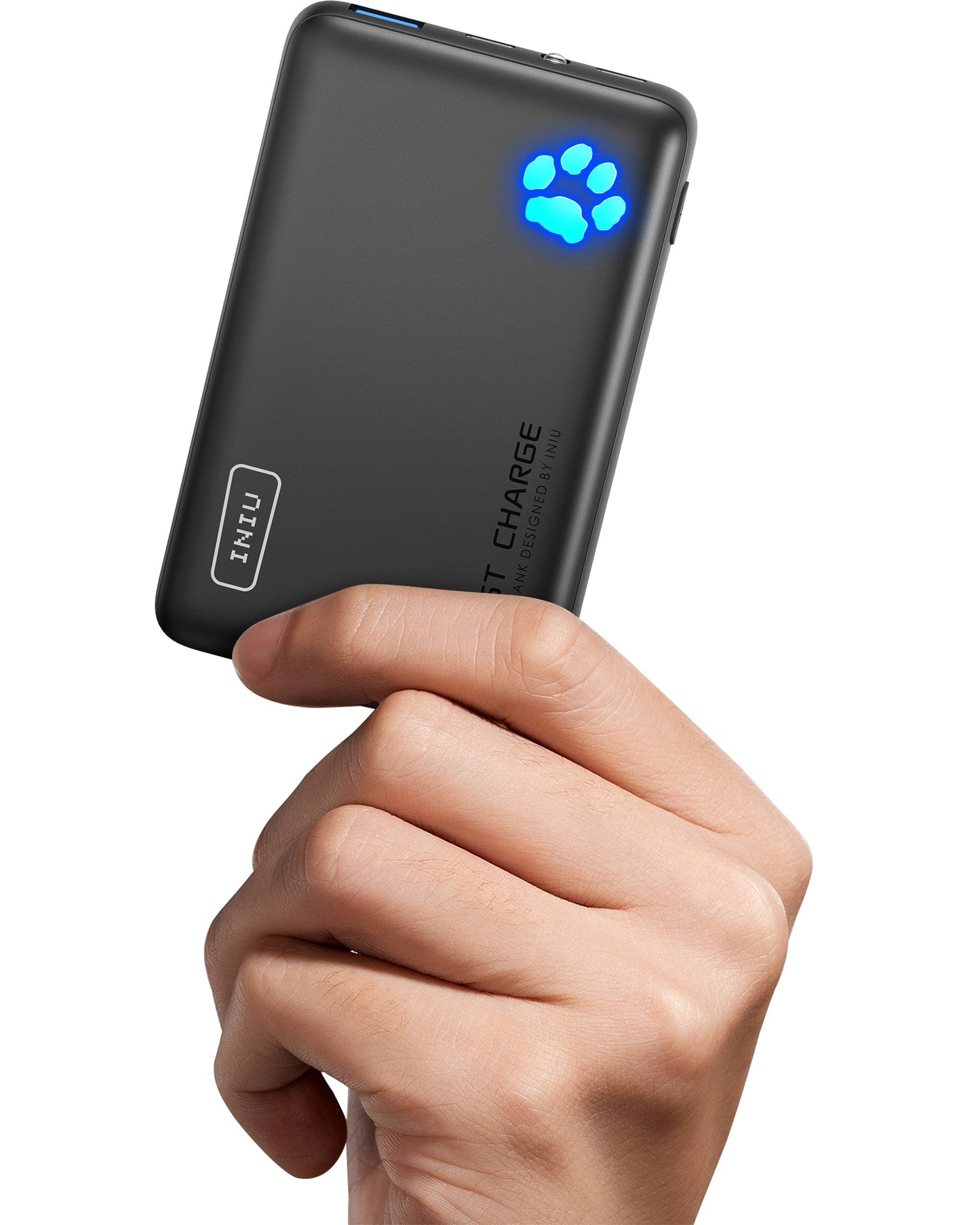 INIU P41-E1 Power Bank - Black power bank held by a hand, with Fast Charge and INIU logo, featuring a blue paw indicator