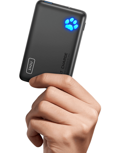 INIU P41 Power Bank: Black portable charger with paw print indicator and fast charge design, held in hand.