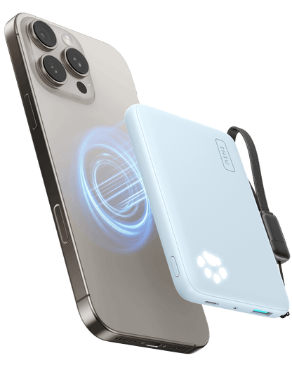 INIU P43-E1 Magsafe Power Bank wirelessly charging iPhone. Light blue design with paw indicator lights, fast charging.