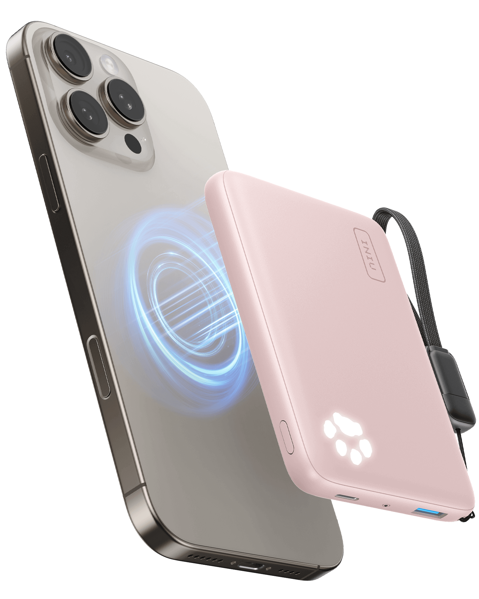 INIU P43-E1 Magsafe Power Bank wirelessly charging iPhone. Pink design, paw indicator lights, fast charging.