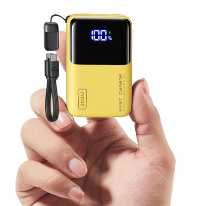 INIU Carry P50-E1 Power Bank: Yellow, 100% charge on display, fast charging with detachable USB-C cable.