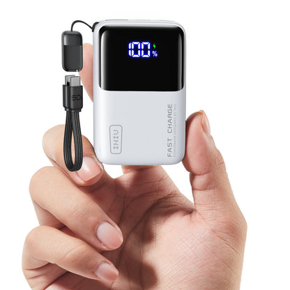 INIU Carry P50-E1 power bank, showing 100% charge, Fast Charge, detachable cable, and compact design.