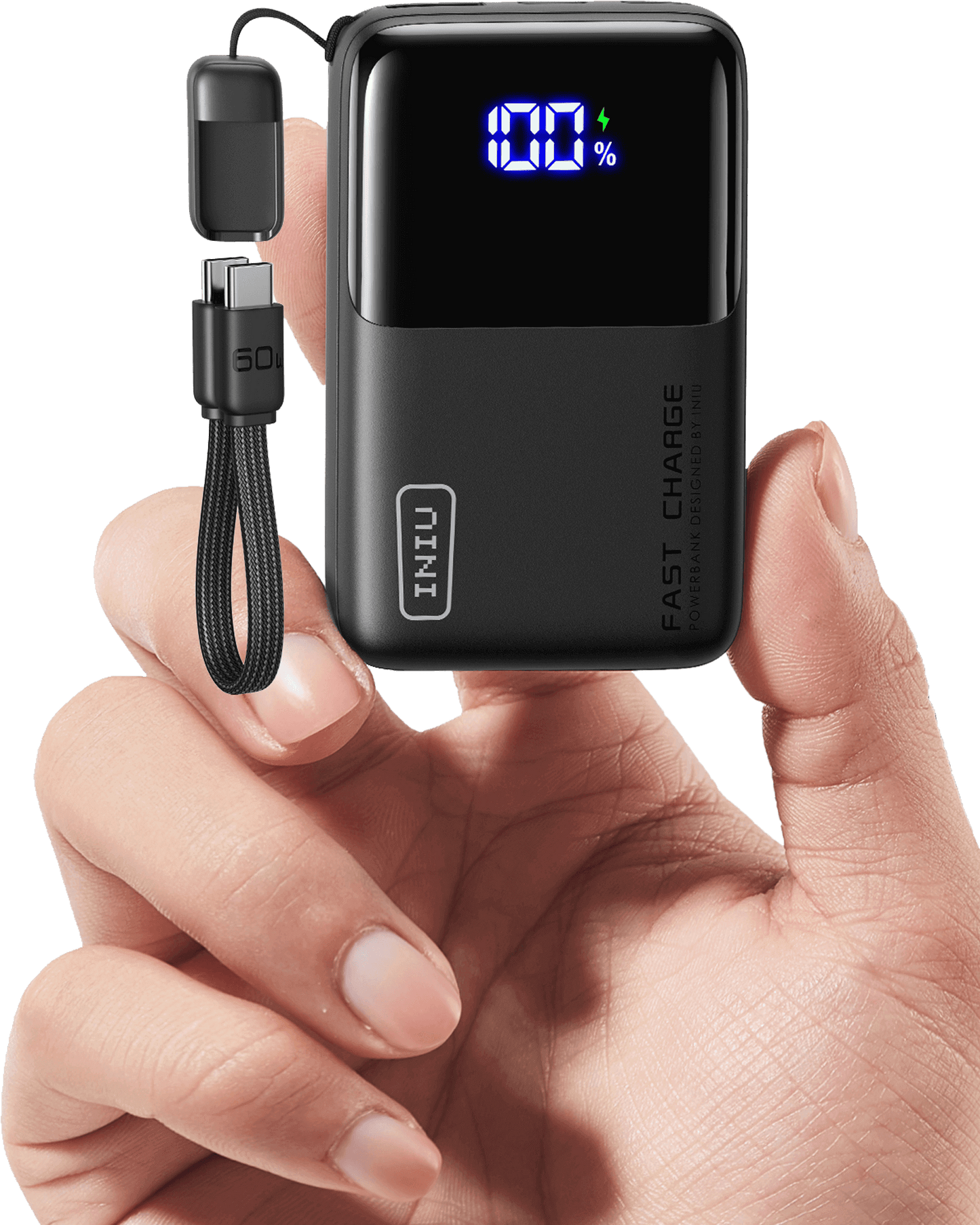 INIU Carry P50-E1 Power Bank in hand showing charging status, detachable cable, and Fast Charge.