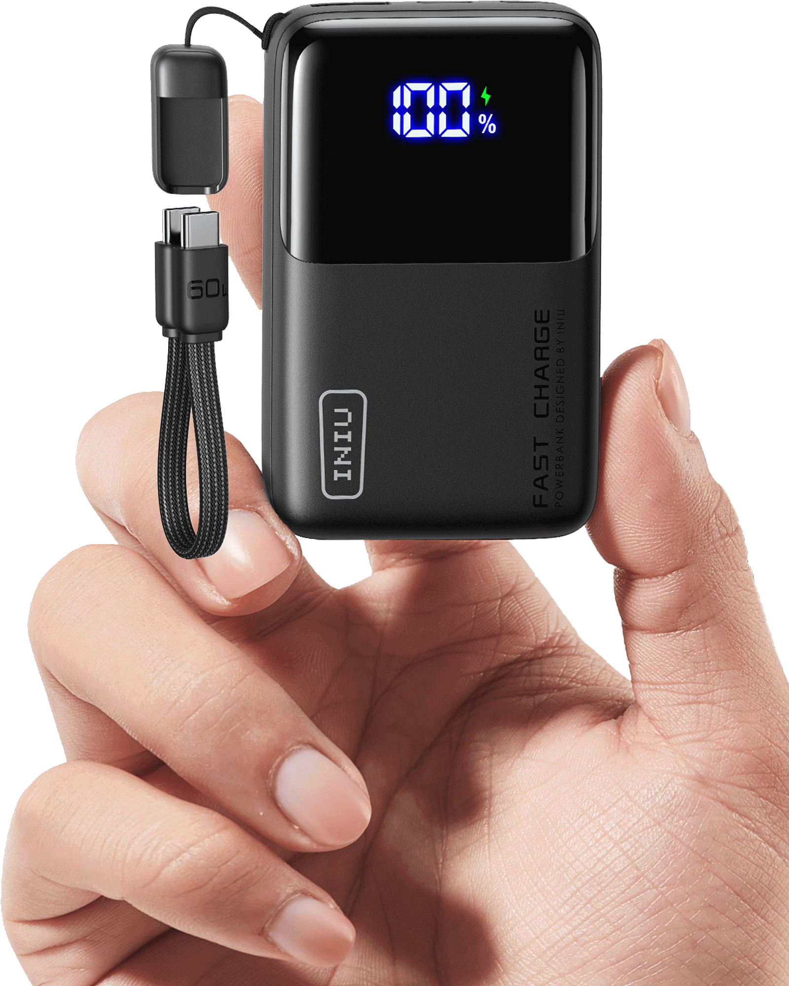 INIU Carry P50-E1 Power Bank in hand showing charging status, detachable cable, and Fast Charge.
