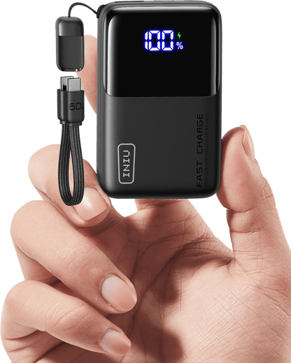 INIU Carry P50-E1 Power Bank in hand showing charging status, detachable cable, and Fast Charge.