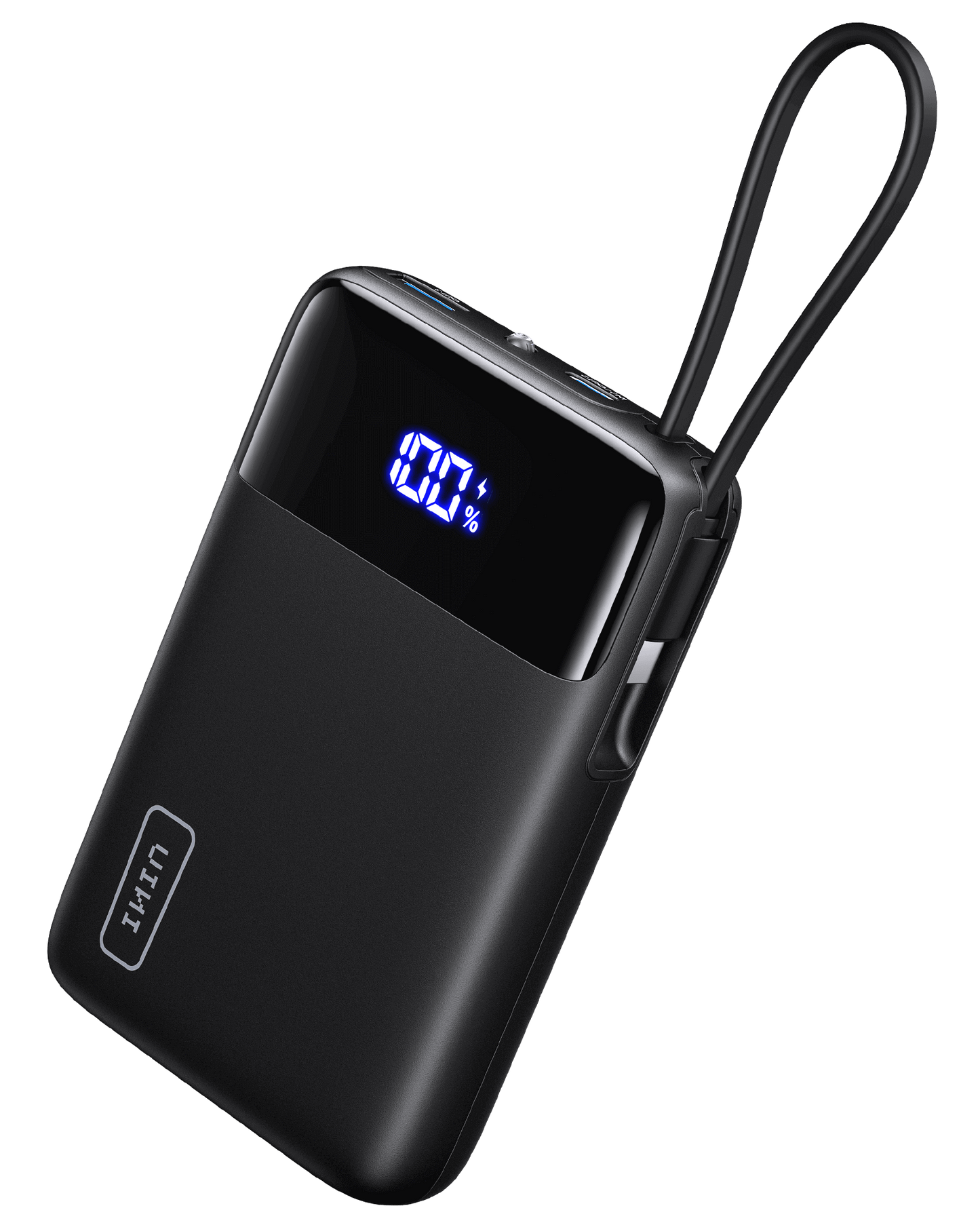 INIU P51L-E2 Power Bank - Black power bank with digital display, USB-C cable, and handle.
