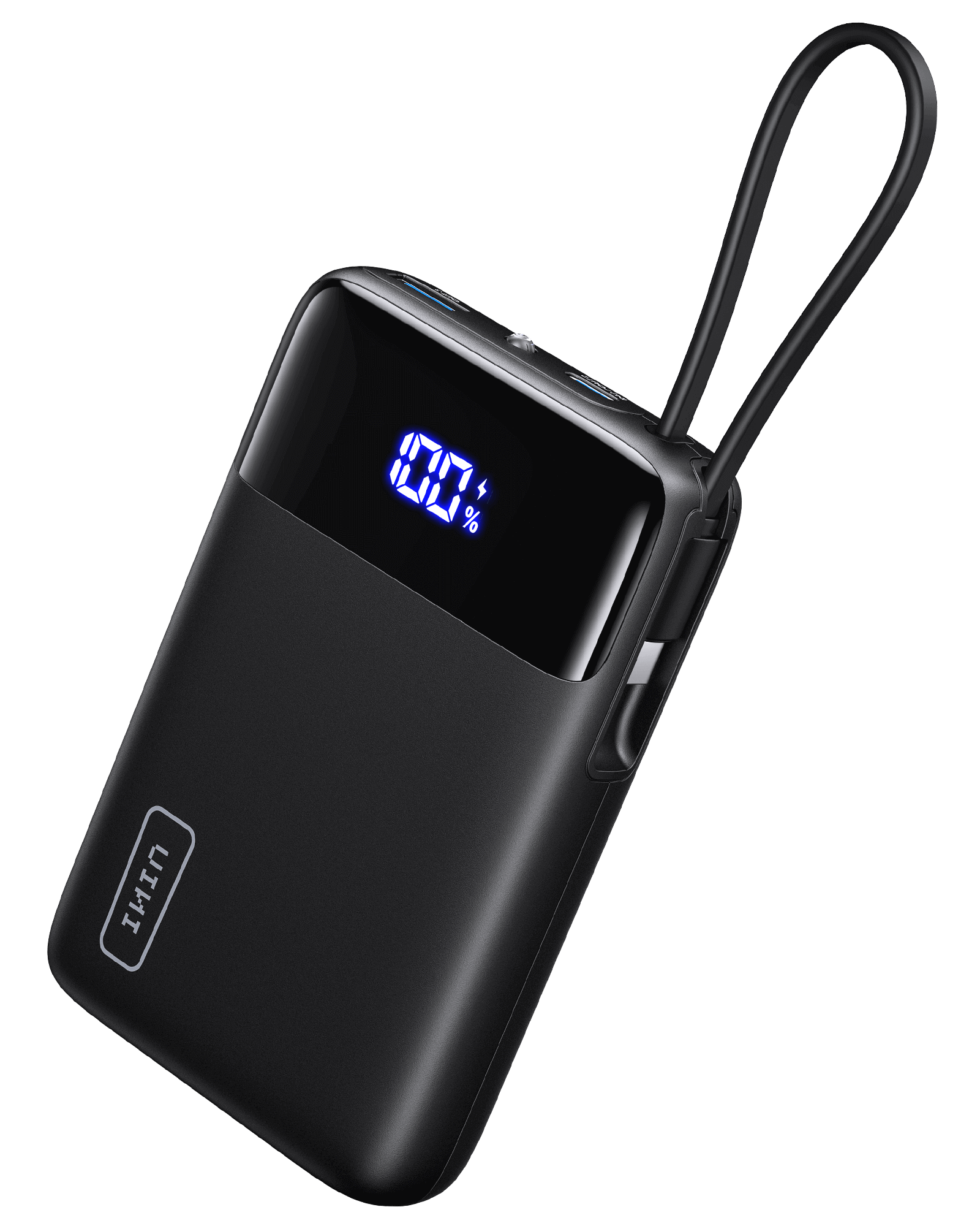 INIU P51L-E2 Power Bank - Black power bank with digital display, USB-C cable, and handle.