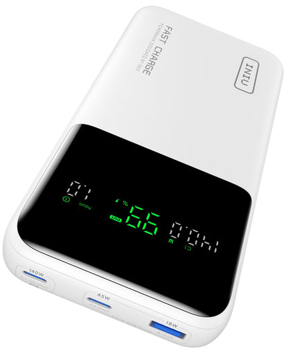 INIU Cougar P64-E1 Power Bank: White design with a digital display showing charging status and output, 140W fast charging.