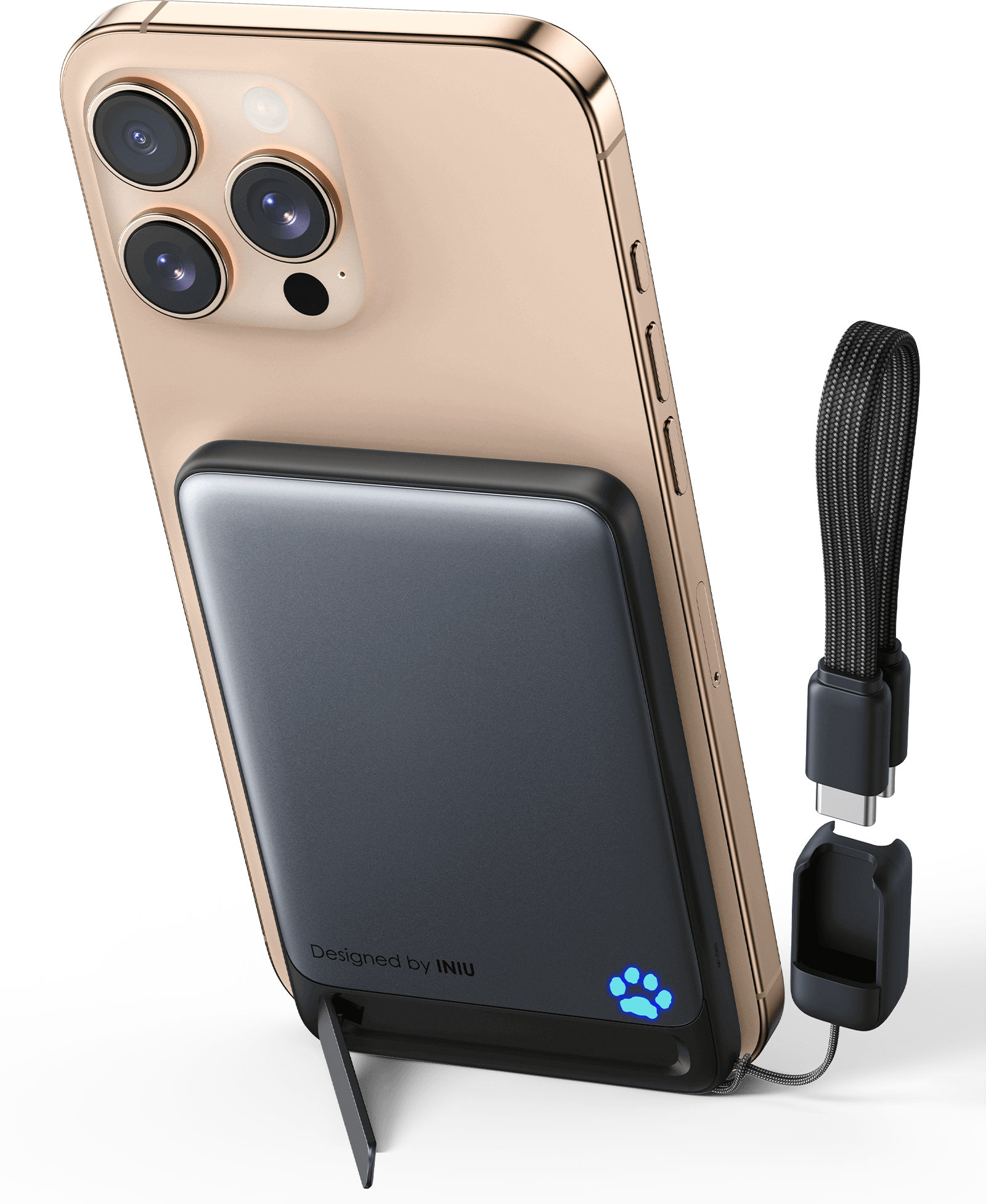 INIU SnapGo P71-E1 power bank charging iPhone, 15W Qi2 wireless, black with stand & USB-C cable.