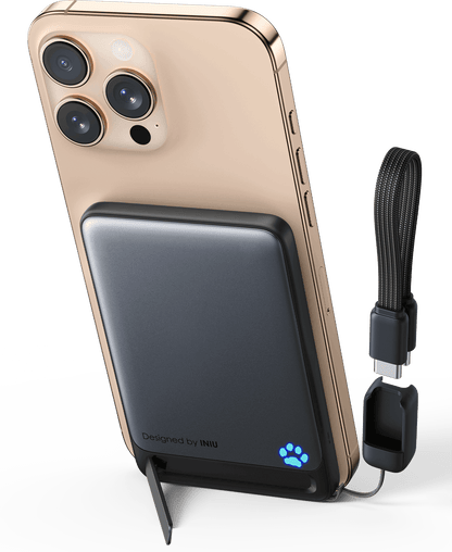 INIU SnapGo P71-E1 power bank charging iPhone, 15W Qi2 wireless, black with stand & USB-C cable.