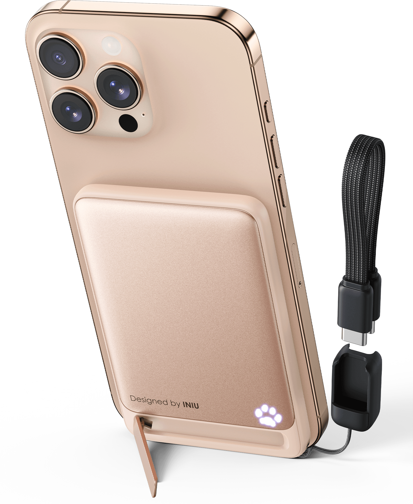 INIU SnapGo P71-E1 power bank with iPhone. Rose gold, foldable stand, paw print, USB-C cable and Designed by INIU text.
