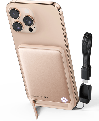 INIU SnapGo P71-E1 power bank with iPhone. Rose gold, foldable stand, paw print, USB-C cable and Designed by INIU text.