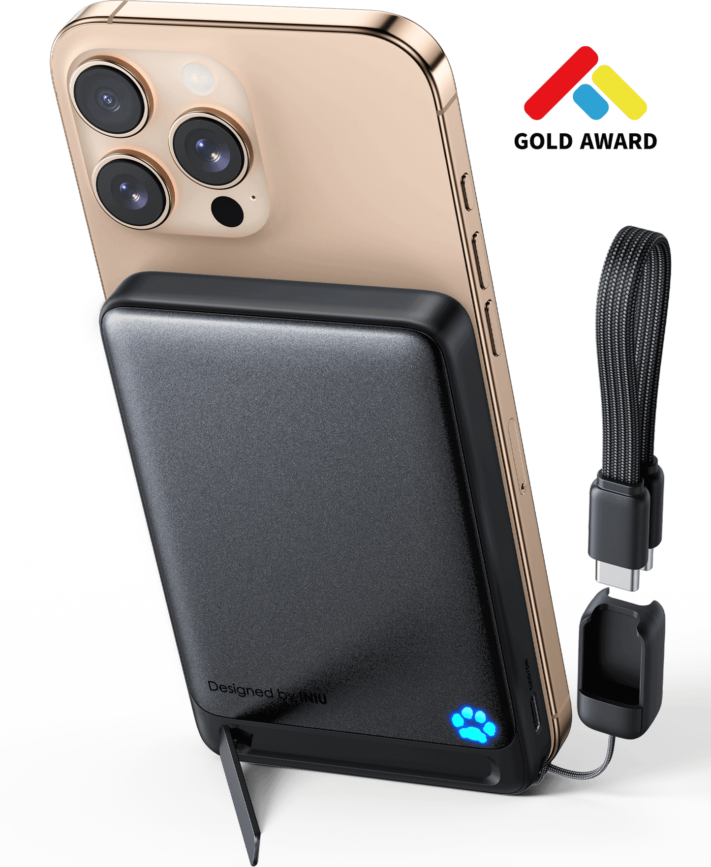 INIU SnapGo P73-E1 Wireless Charger, black power bank attached to gold iPhone.