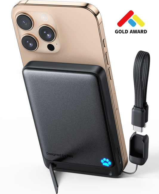 INIU SnapGo P73-E1 Wireless Charger, black power bank attached to gold iPhone.