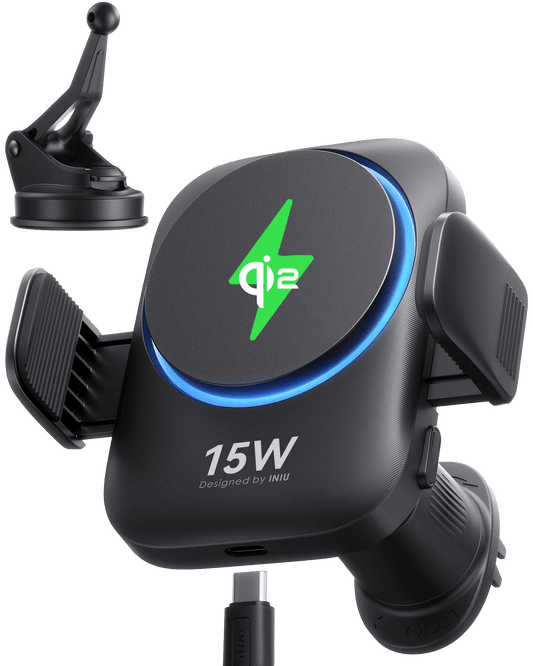 INIU SnapGo V11-E1 15W Qi2 Magnetic Wireless Car Charger - Black, with Qi2 logo, USB-C, & adjustable mount