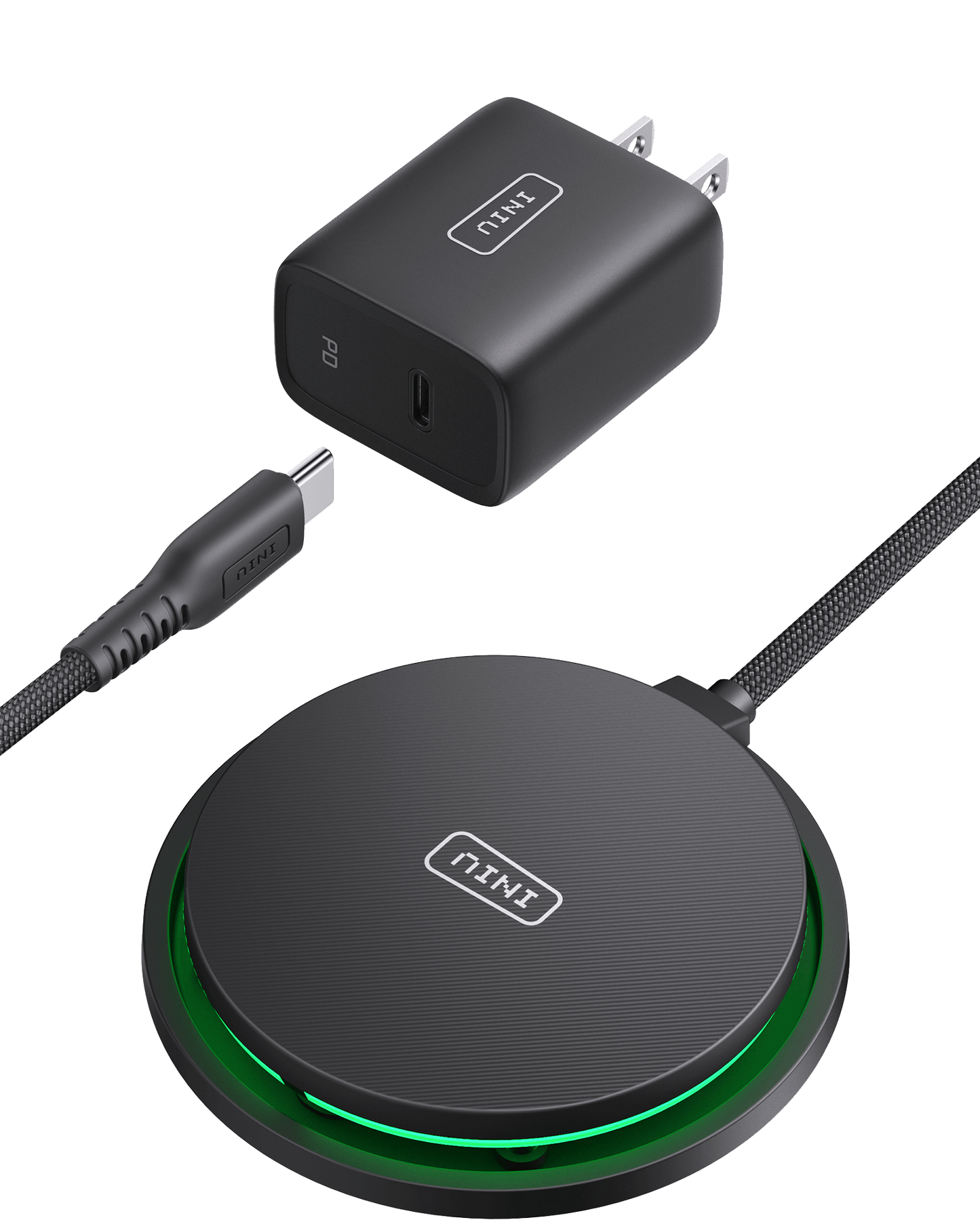 INIU W11-E1 Qi2 15W Magnetic LED Wireless Charger, black charger and adapter with green LED, high quality charging solutions