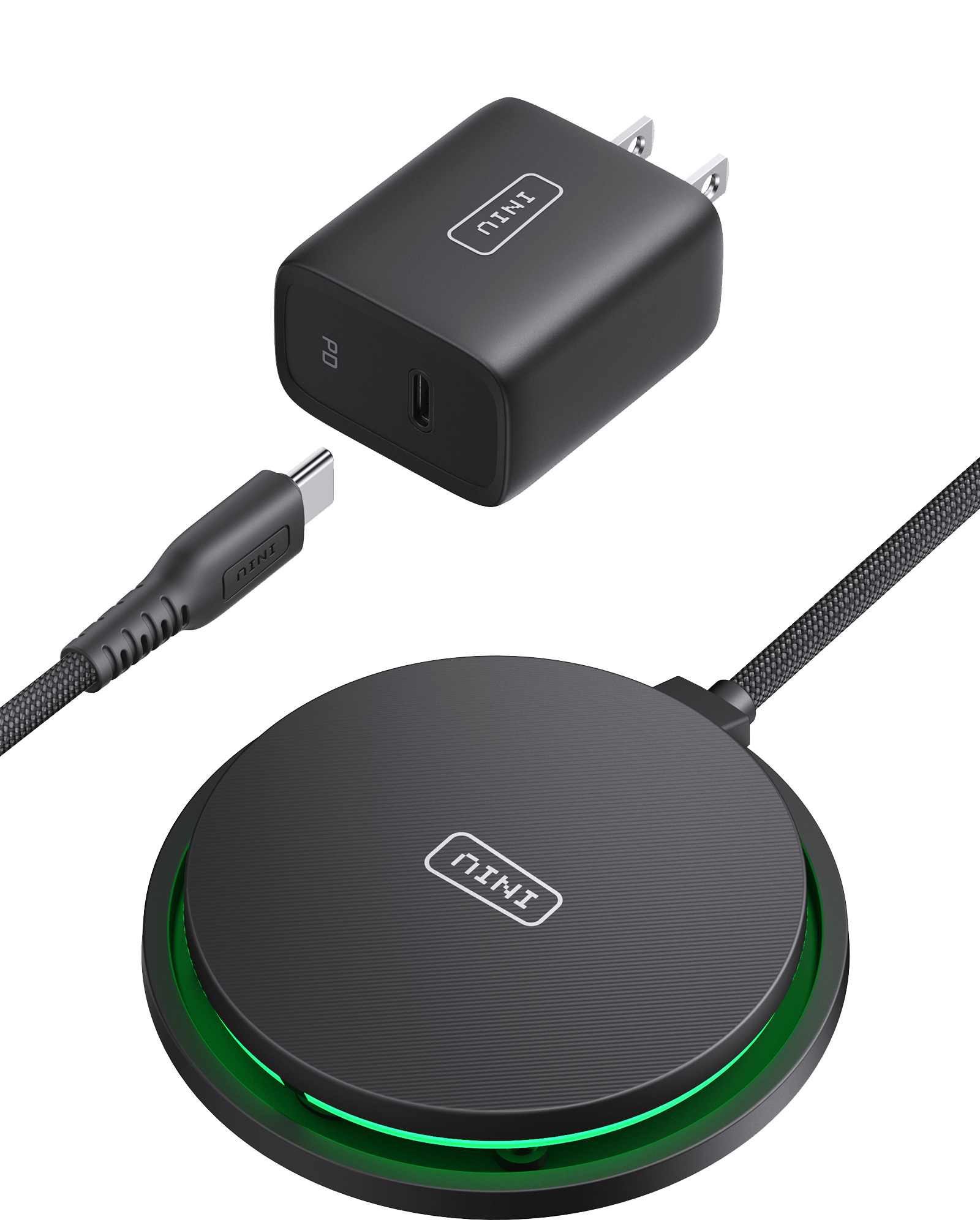 INIU W11-E1 Qi2 15W Magnetic LED Wireless Charger, black charger and adapter with green LED, high quality charging solutions