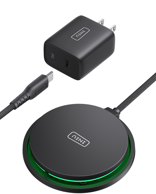 INIU W11-E1 Qi2 15W Magnetic LED Wireless Charger, black charger and adapter with green LED, high quality charging solutions