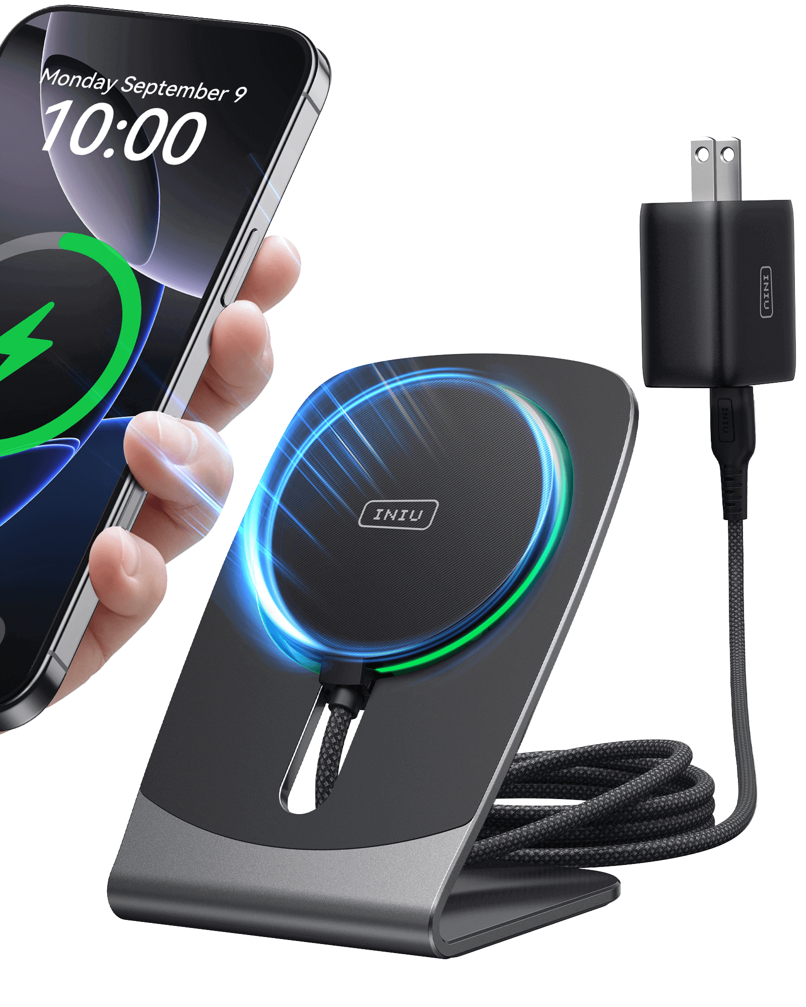 INIU W21-E1 Magnetic Wireless Charger Stand with iPhone, fast Qi2 15W charging