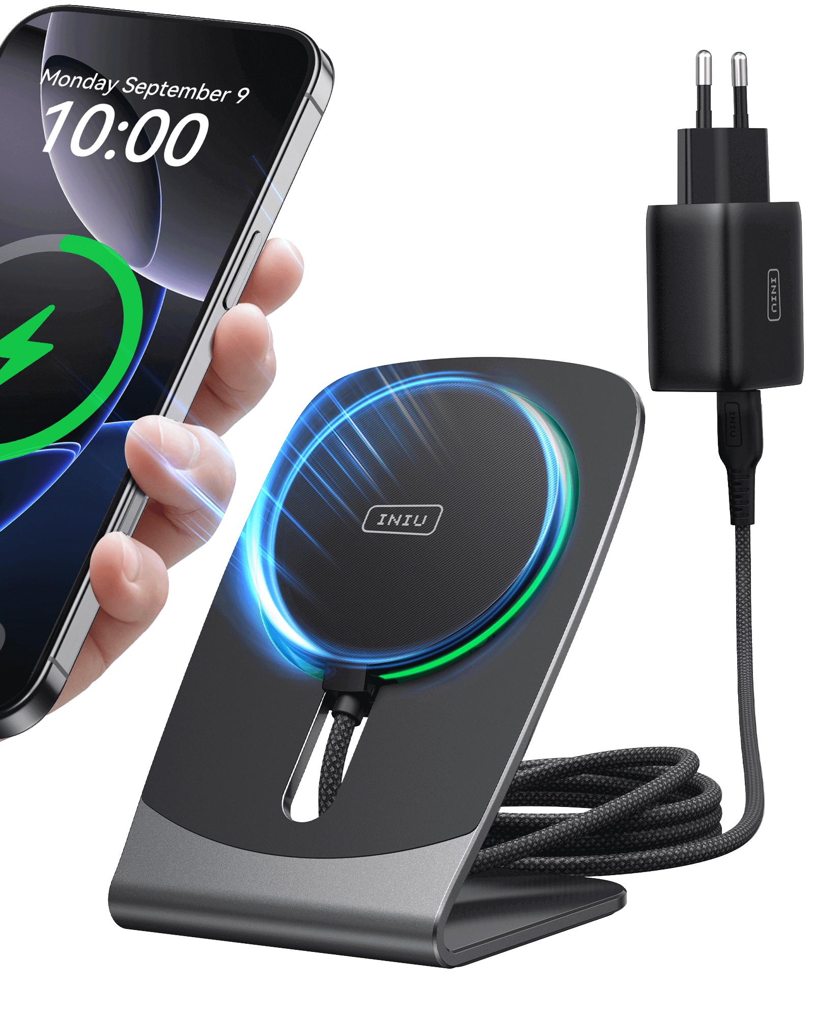 INIU W21-E1 Magnetic Wireless Charger Stand charging iPhone. The display shows the charging, 10:00 AM, Monday, September 9.