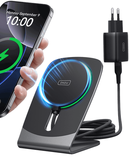 INIU W21-E1 Magnetic Wireless Charger Stand charging iPhone. The display shows the charging, 10:00 AM, Monday, September 9.