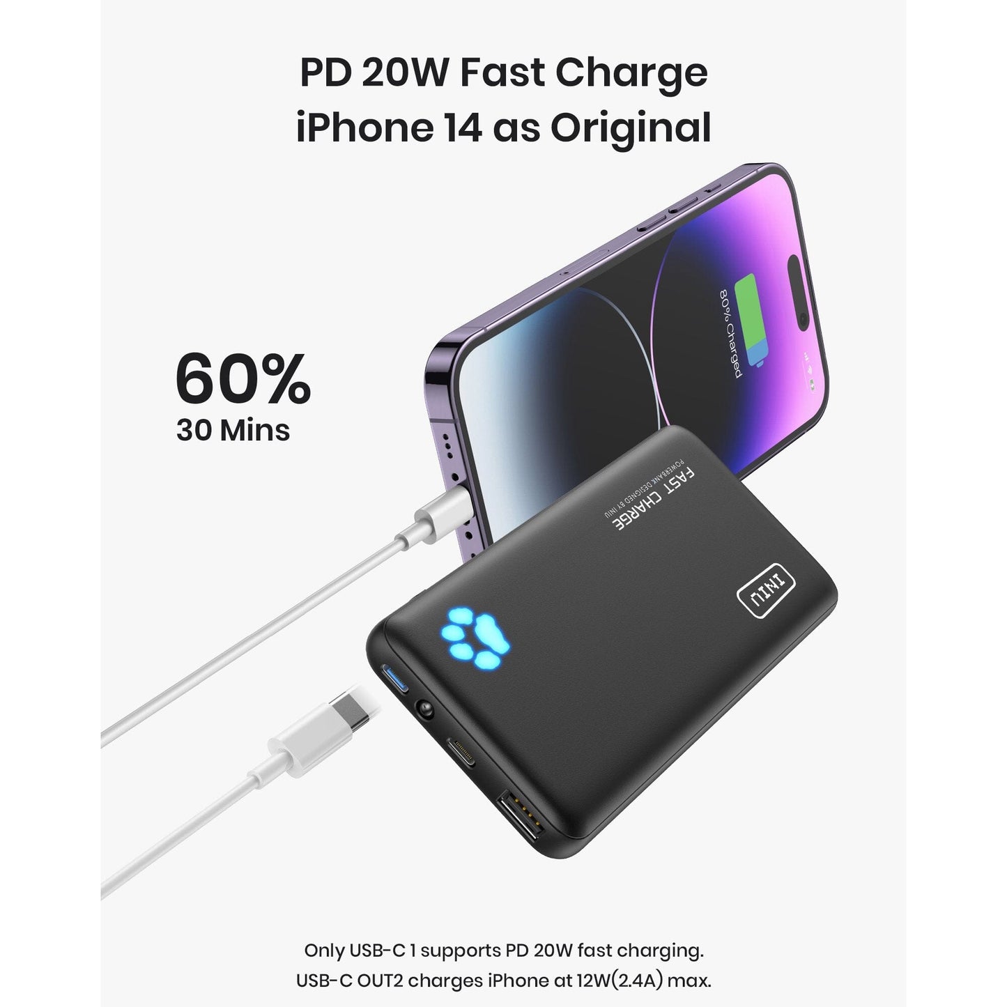 INIU B3 Power Bank charging iPhone 14: PD 20W fast charge, 60% in 30 mins, black portable charger