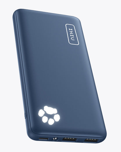 INIU B41 Power Bank: Blue, compact 10000mAh power bank with INIU logo and paw indicator, USB-C port.