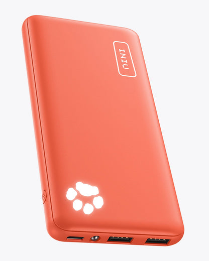 INIU B41 Coral 10000mAh Power Bank with INIU logo and paw indicator, featuring USB ports for fast charging, ideal for travel.
