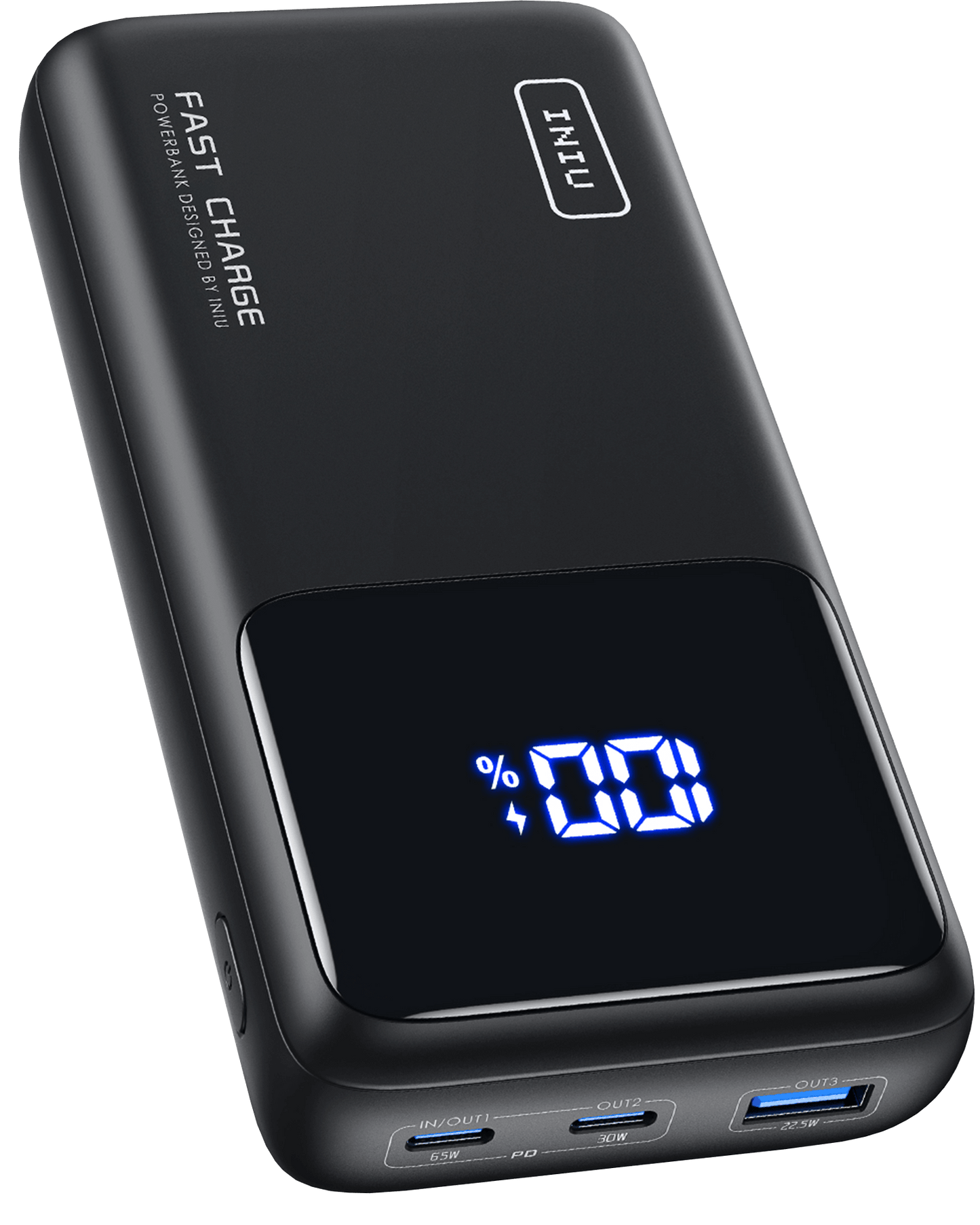 INIU B63 Power Bank: Black, digital display, FAST CHARGE, IN/OUT ports.