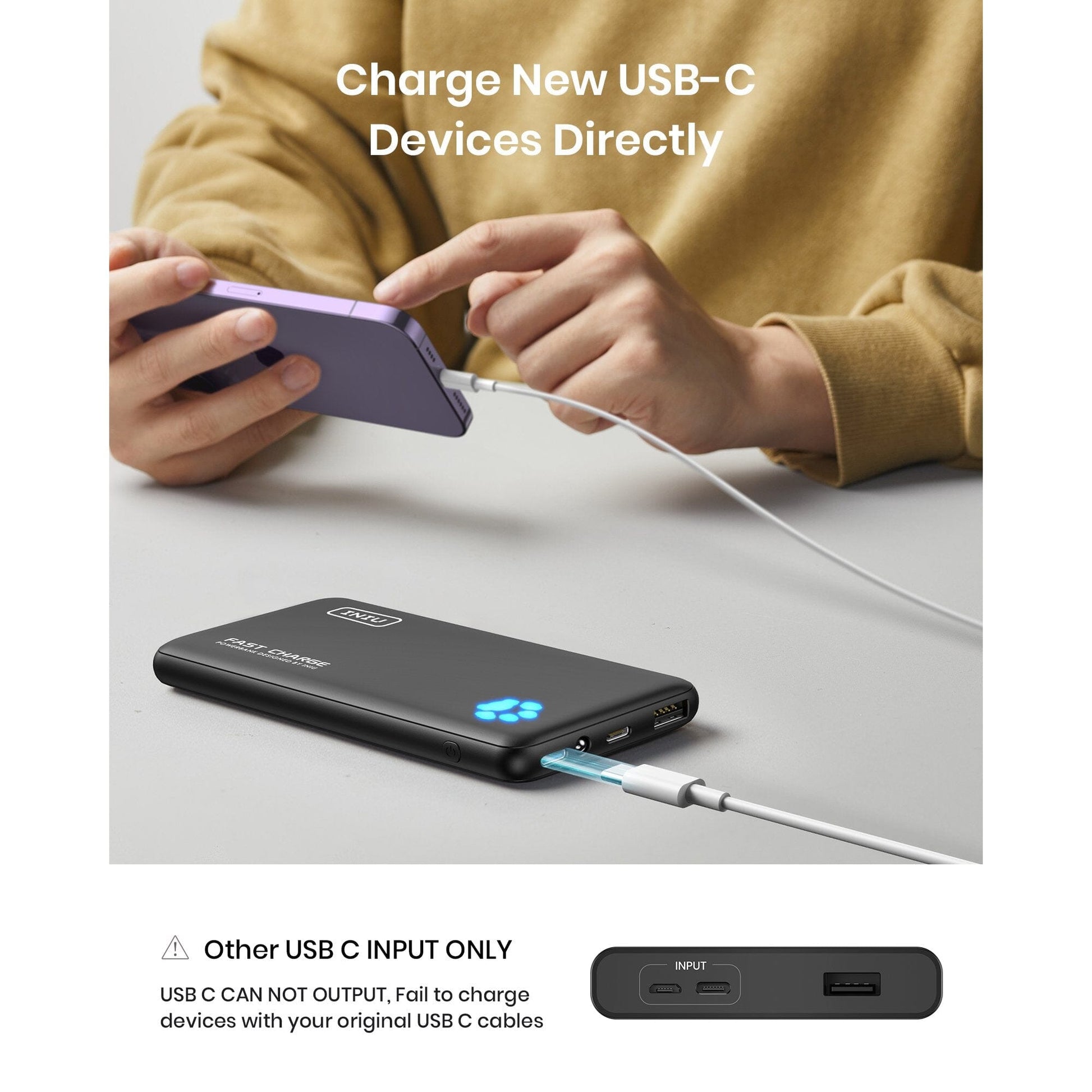 INIU B3 Portable Charger charging USB-C devices directly, black power bank with fast charging.