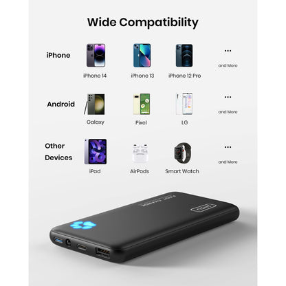 INIU B3 Power Bank: Wide compatibility with iPhone 14, Android, and Other Devices, black portable charger with fast charging.