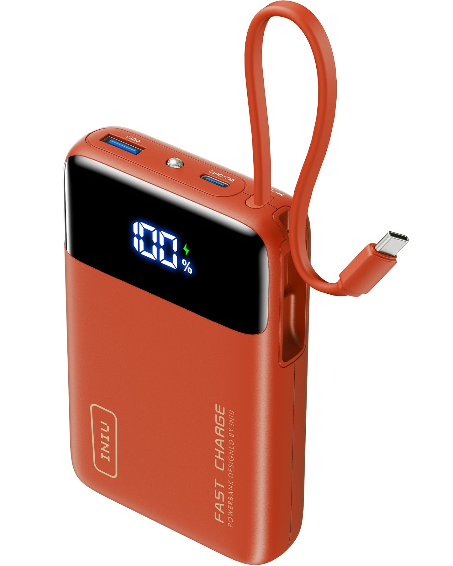 INIU P51L-E2 Power Bank: Orange, 45W Fast Charge, USB-C Cable, Digital Display.