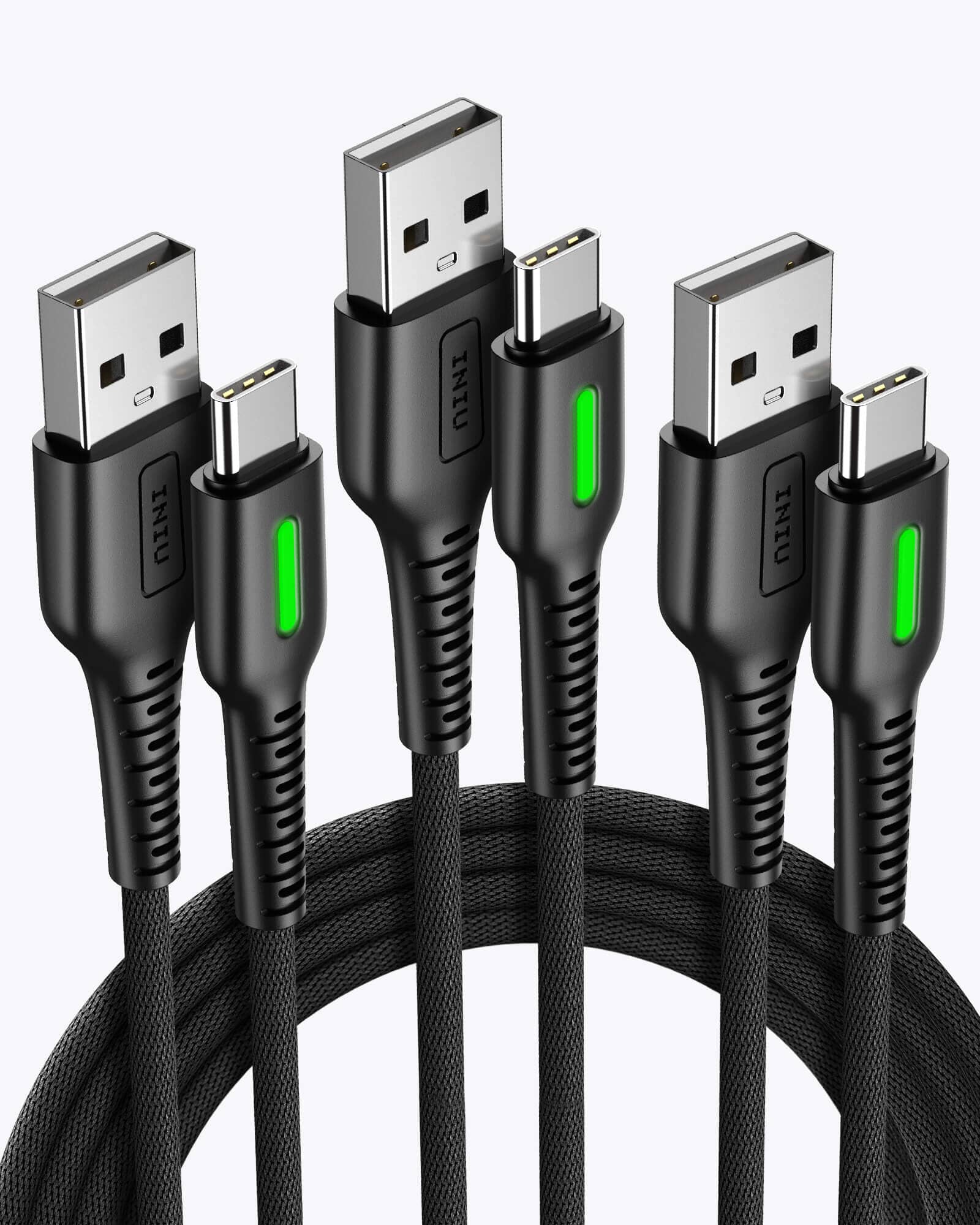 INIU D3C USB C Cable 3-Pack with black braided cables, USB-A to USB-C connectors, and green LED indicator lights.