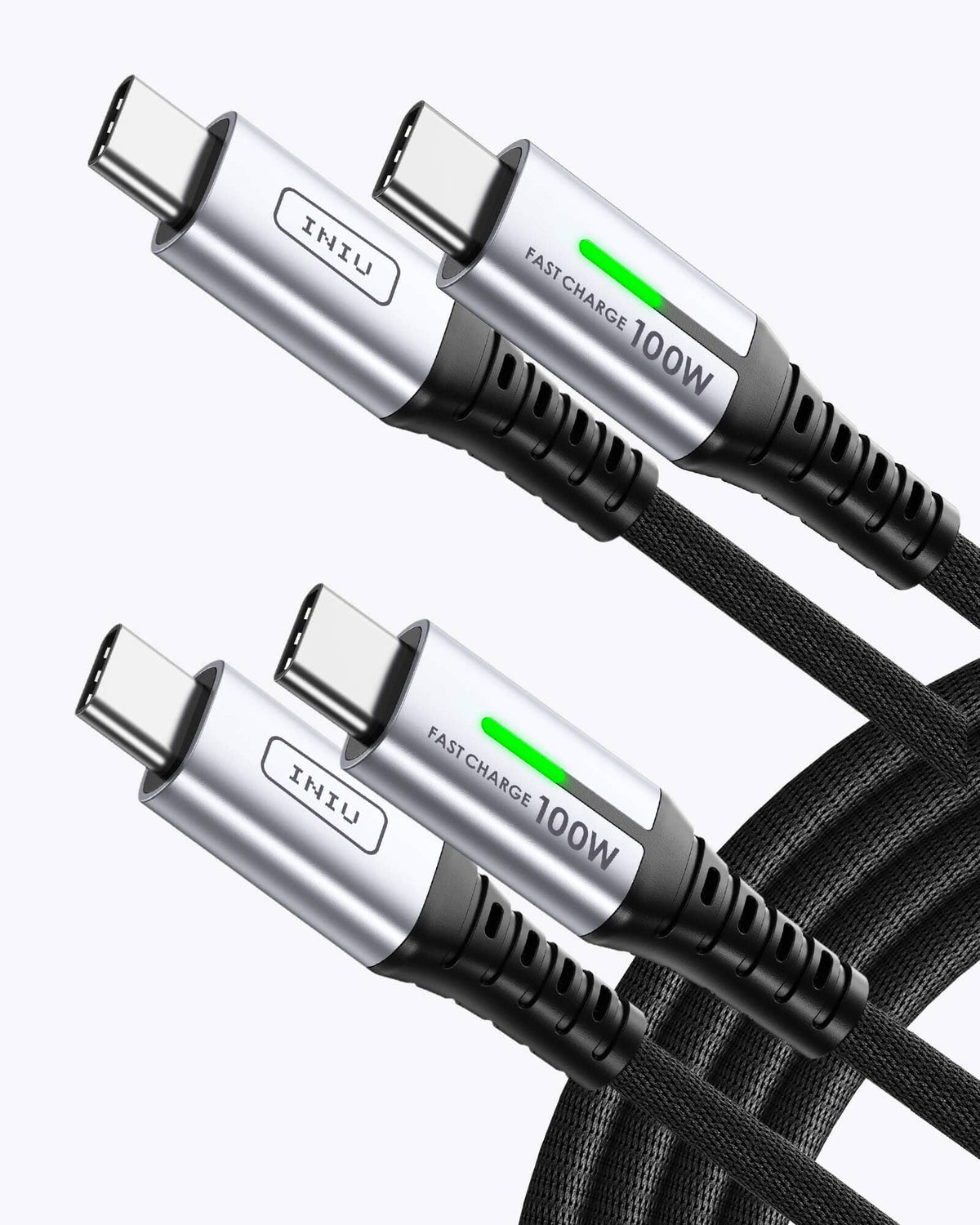 INIU D5CC USB C to C Cable - Silver connectors, 100W Fast Charge, black braided cable.