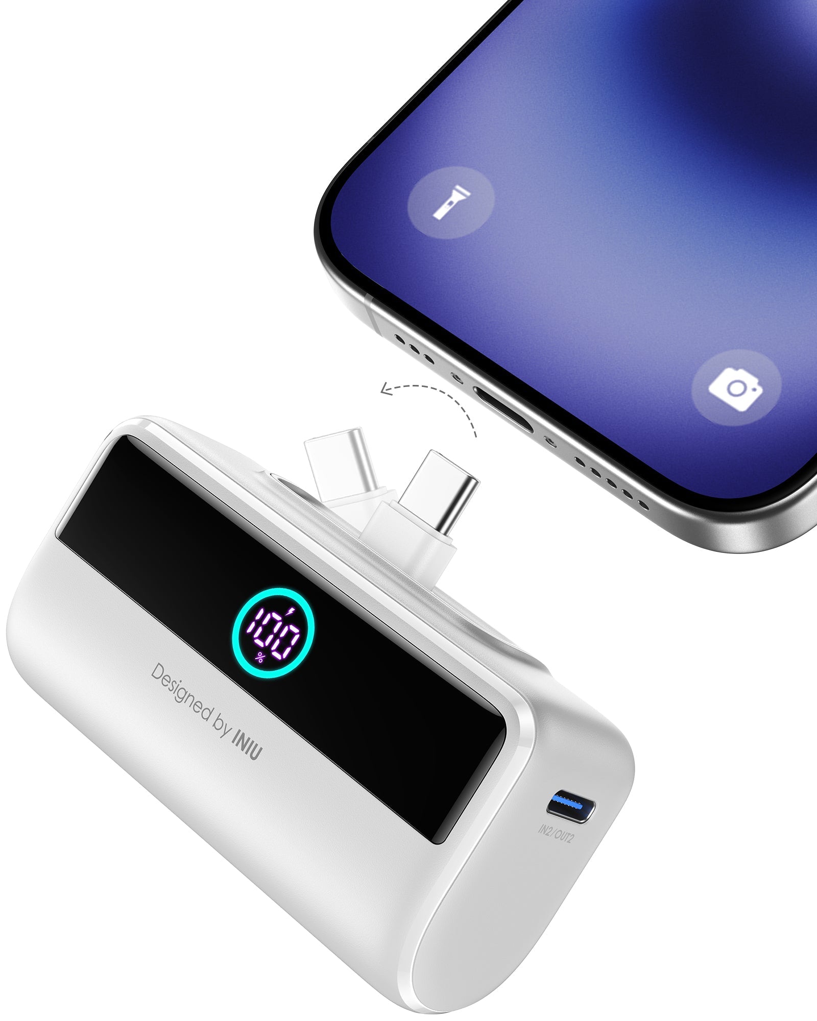 INIU P45-E1 White Power Bank charging iPhone with USB-C, 100% power displayed on the screen