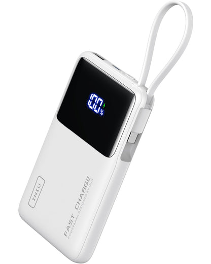 INIU P55L-E2 Power Bank: White fast-charging power bank with display, built-in USB-C, 100% charge.