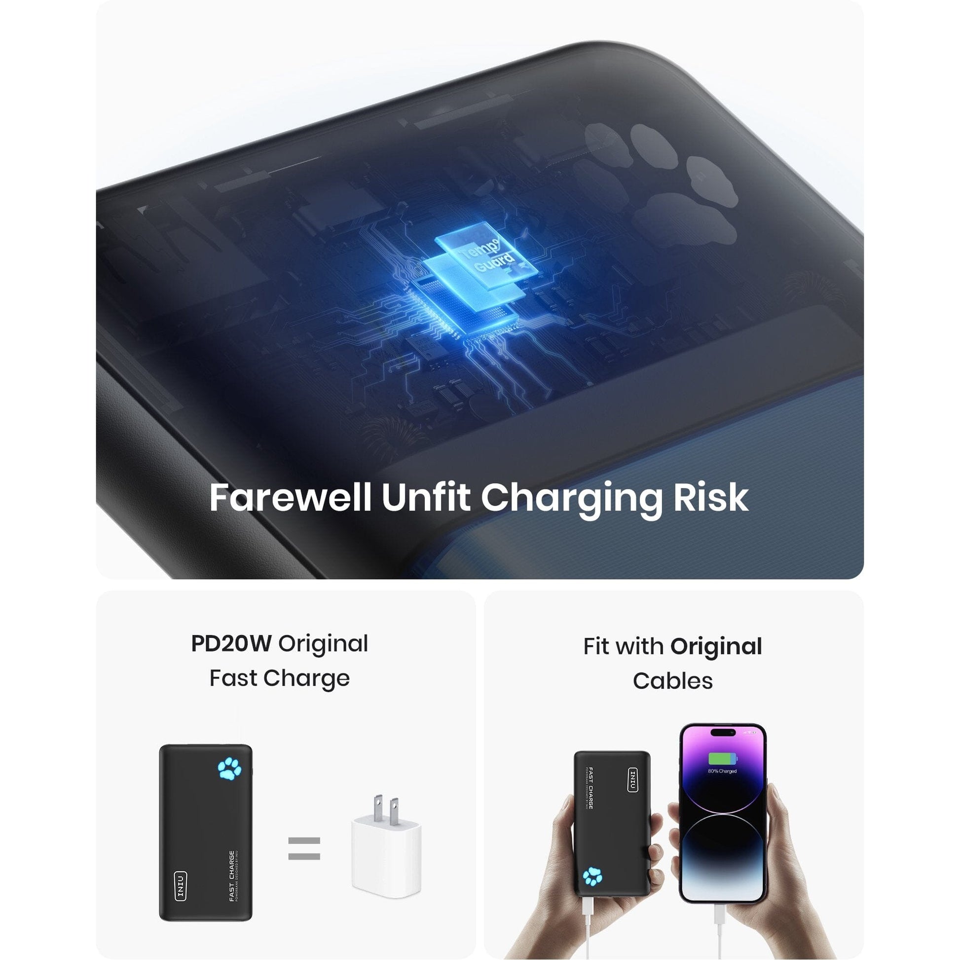INIU B3 Power Bank: Farewell Unfit Charging Risk, PD20W fast charging, charges iPhone, safe with TempGuard.